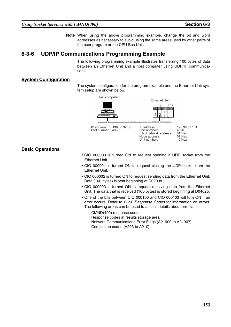 3-6 udp/ip communications programming example, Udp/ip communications programming example, System configuration | Basic operations | Omron W343-E1-07 User Manual | Page 174 / 317