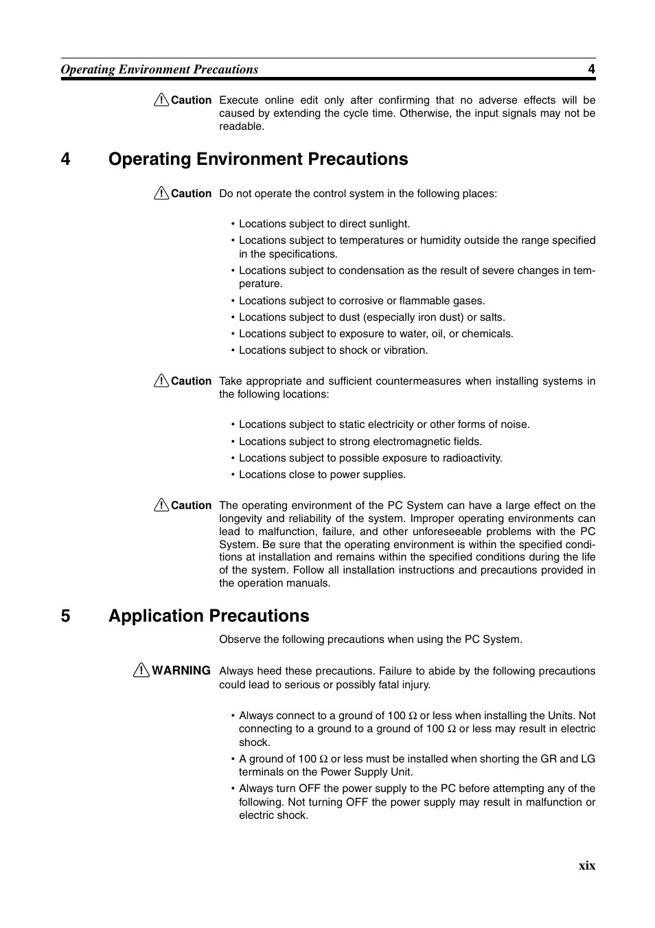 4 operating environment precautions, 5 application precautions, Operating environment precautions | Application precautions, 4operating environment precautions, 5application precautions | Omron W343-E1-07 User Manual | Page 18 / 317