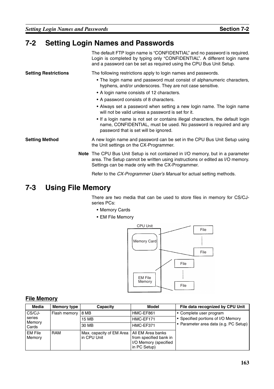 2 setting login names and passwords, 3 using file memory, Setting login names and passwords | Using file memory | Omron W343-E1-07 User Manual | Page 184 / 317