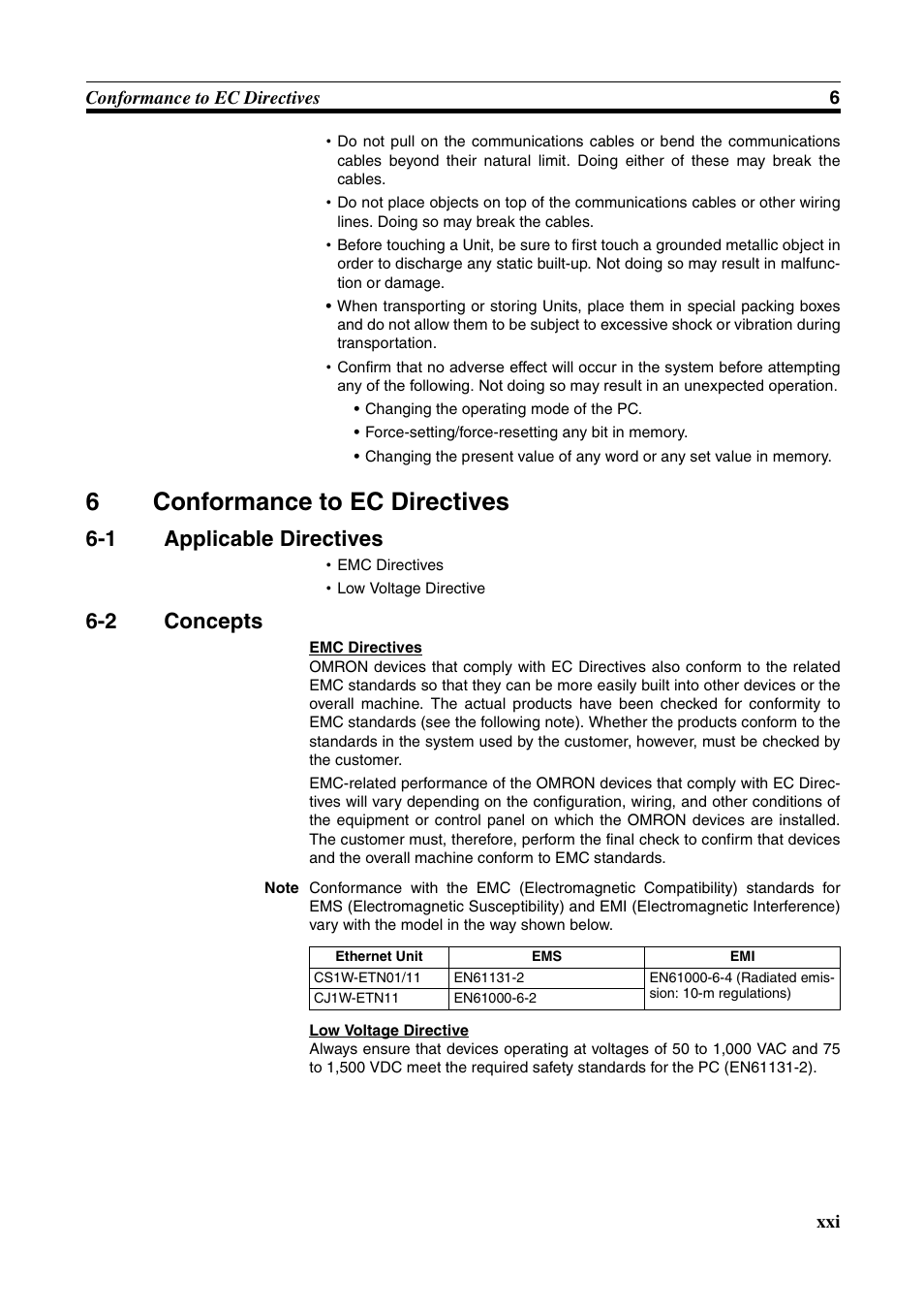 6 conformance to ec directives, 1 applicable directives, 2 concepts | Conformance to ec directives, 6conformance to ec directives | Omron W343-E1-07 User Manual | Page 20 / 317