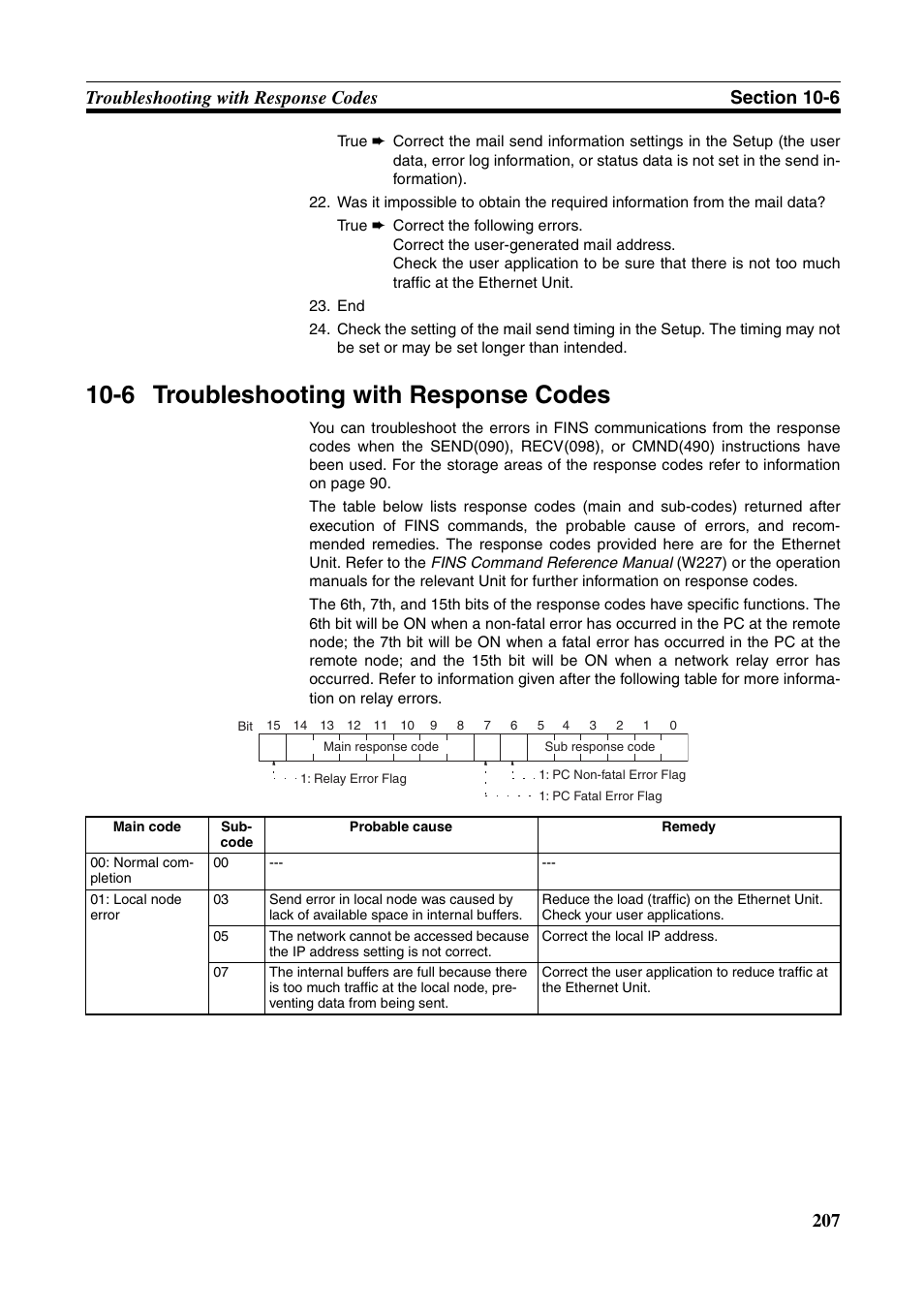 6 troubleshooting with response codes | Omron W343-E1-07 User Manual | Page 228 / 317