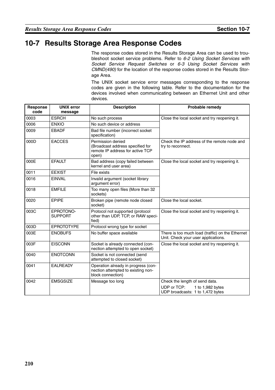 7 results storage area response codes | Omron W343-E1-07 User Manual | Page 231 / 317