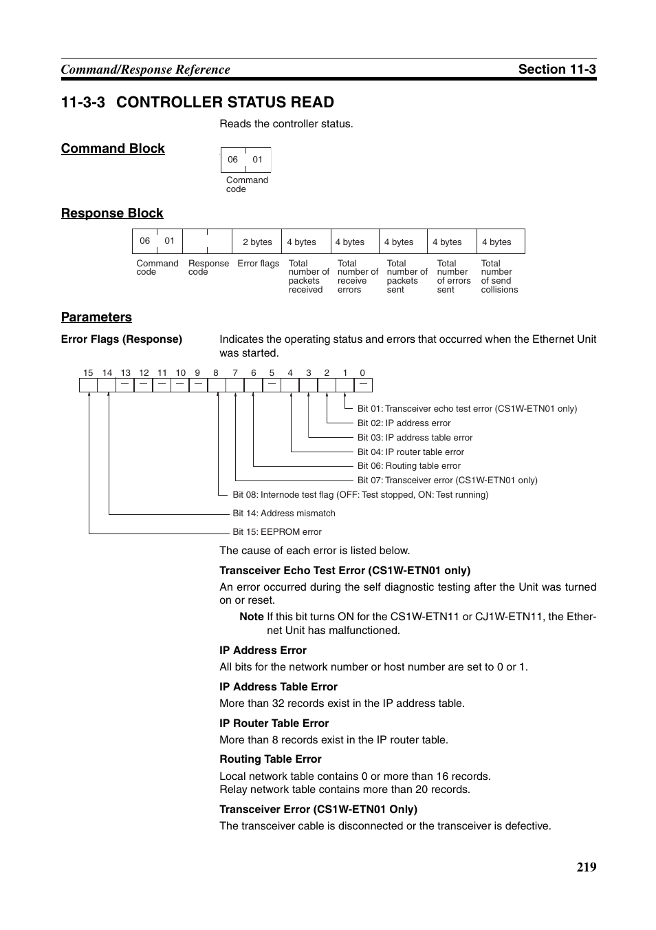 3-3 controller status read, Controller status read, Command block response block parameters | Omron W343-E1-07 User Manual | Page 240 / 317