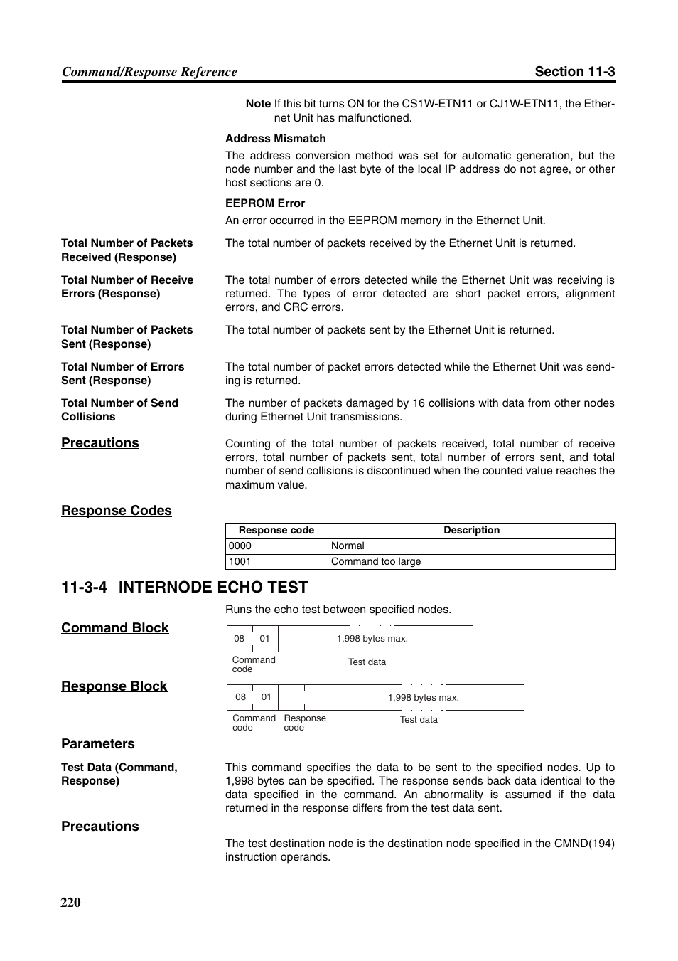 3-4 internode echo test, Internode echo test, Precautions | Response codes, Command block response block parameters | Omron W343-E1-07 User Manual | Page 241 / 317