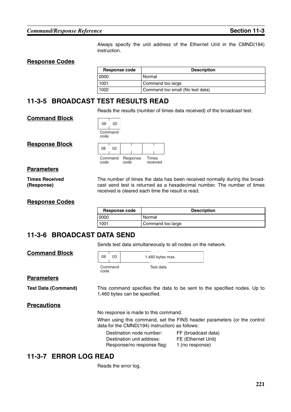 3-5 broadcast test results read, 3-6 broadcast data send, Broadcast test results read | Broadcast data send, Error log read, 3-7 error log read, Response codes, Command block response block parameters, Command block parameters, Precautions | Omron W343-E1-07 User Manual | Page 242 / 317