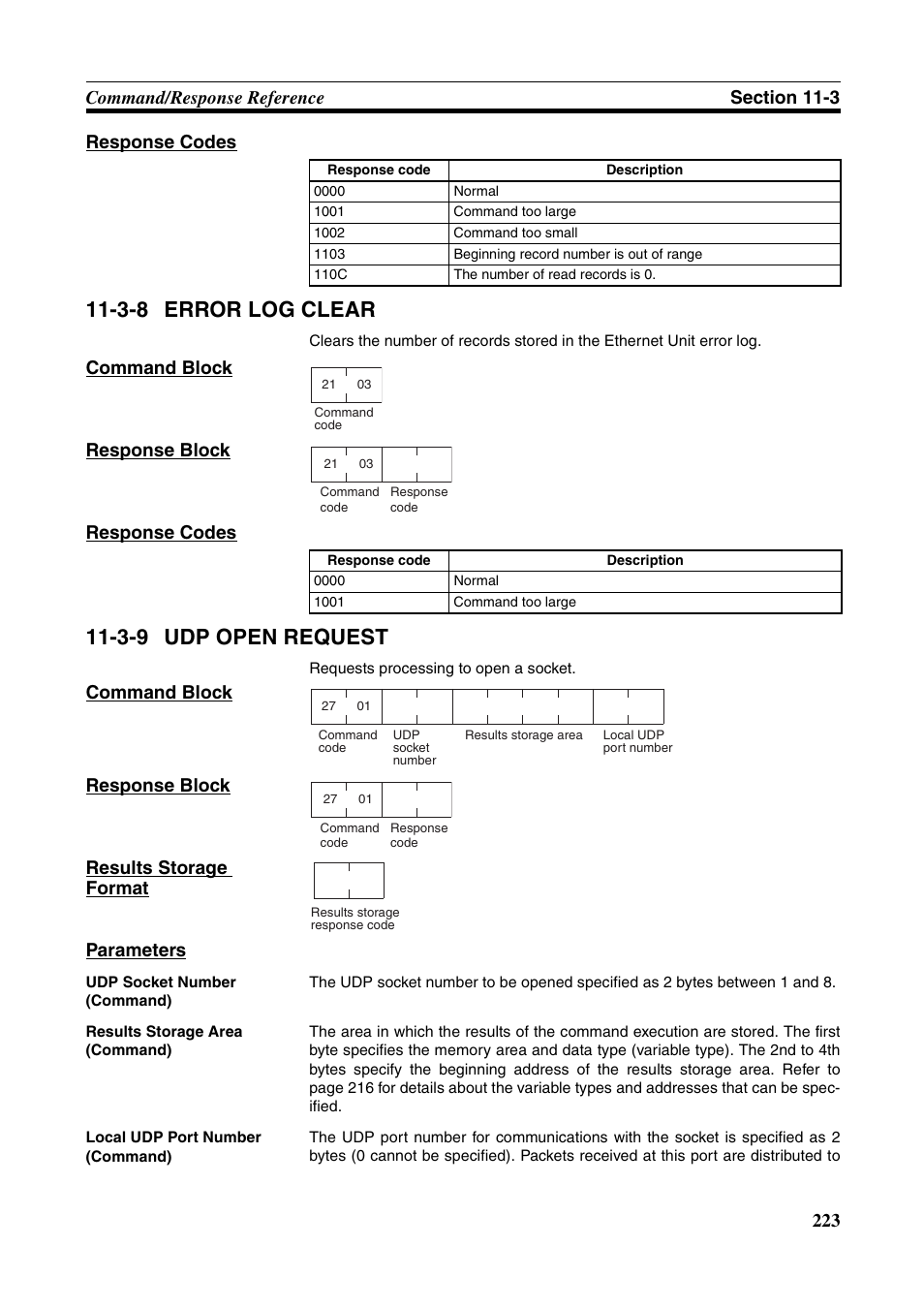 3-8 error log clear, 3-9 udp open request, Error log clear | Udp open request, Command block response block response codes | Omron W343-E1-07 User Manual | Page 244 / 317