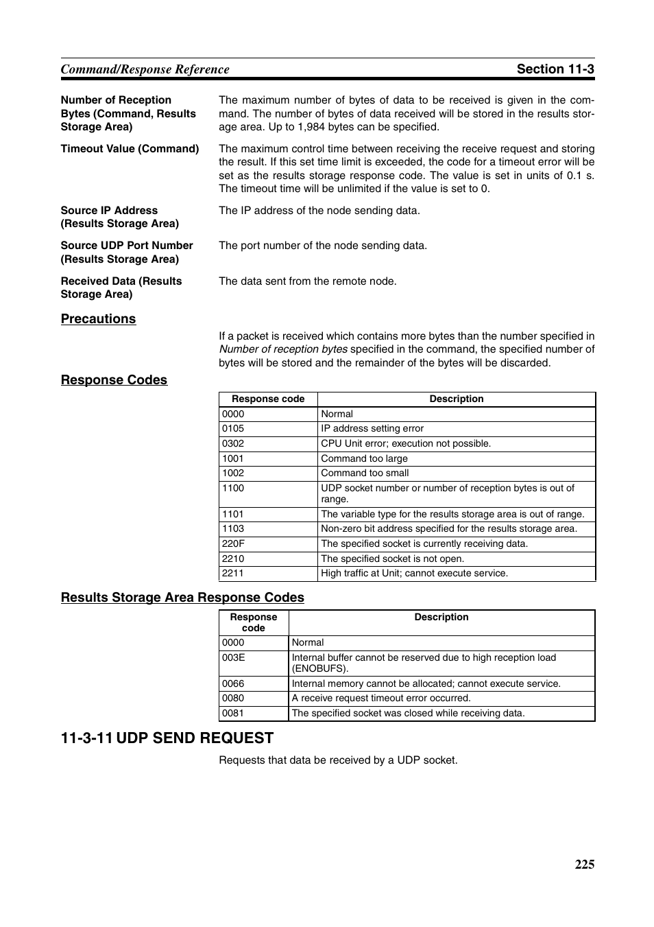 3-11 udp send request, Precautions, Response codes results storage area response codes | Omron W343-E1-07 User Manual | Page 246 / 317