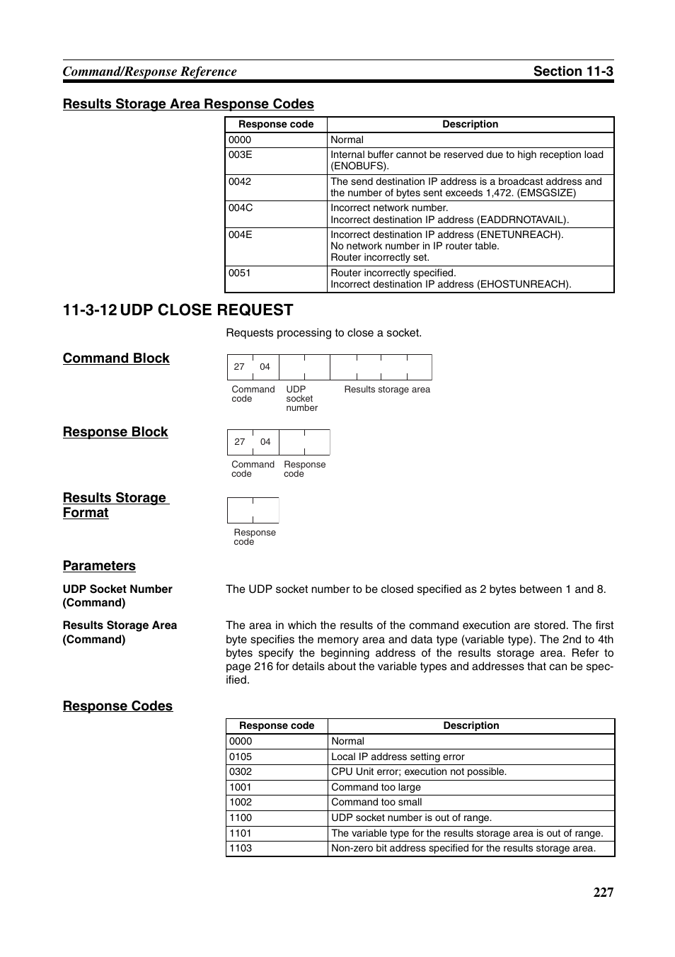 3-12 udp close request, Response codes | Omron W343-E1-07 User Manual | Page 248 / 317