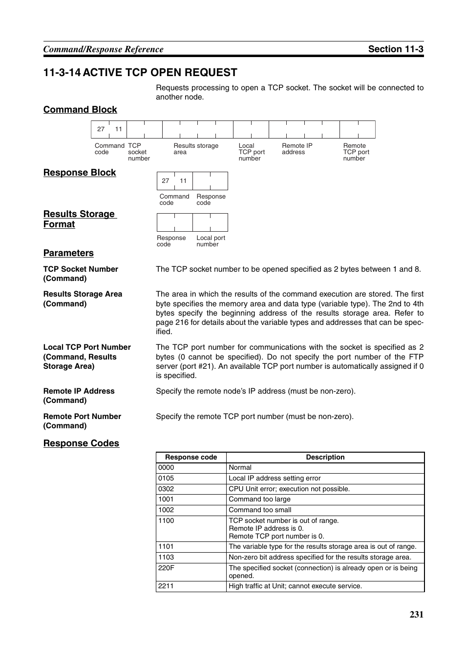 3-14 active tcp open request, Response codes | Omron W343-E1-07 User Manual | Page 252 / 317