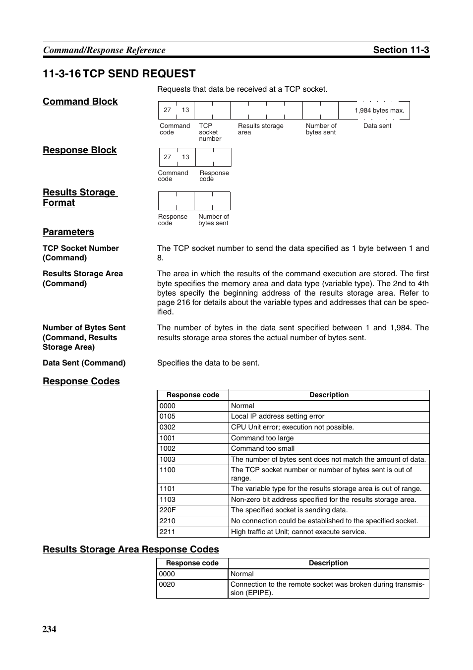 3-16 tcp send request, Response codes results storage area response codes | Omron W343-E1-07 User Manual | Page 255 / 317