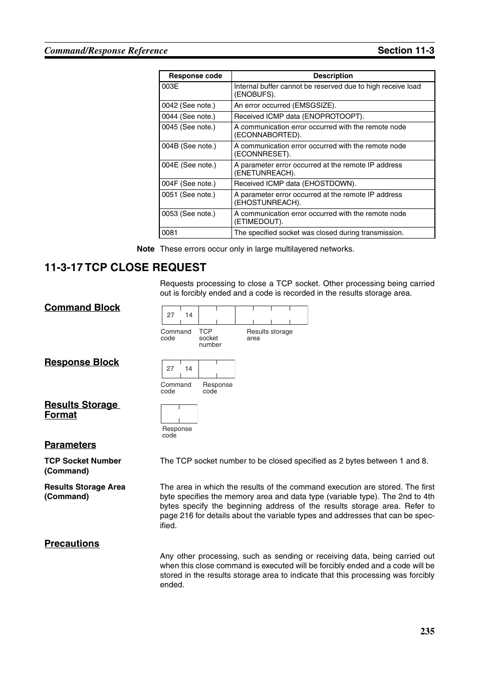3-17 tcp close request, Precautions | Omron W343-E1-07 User Manual | Page 256 / 317