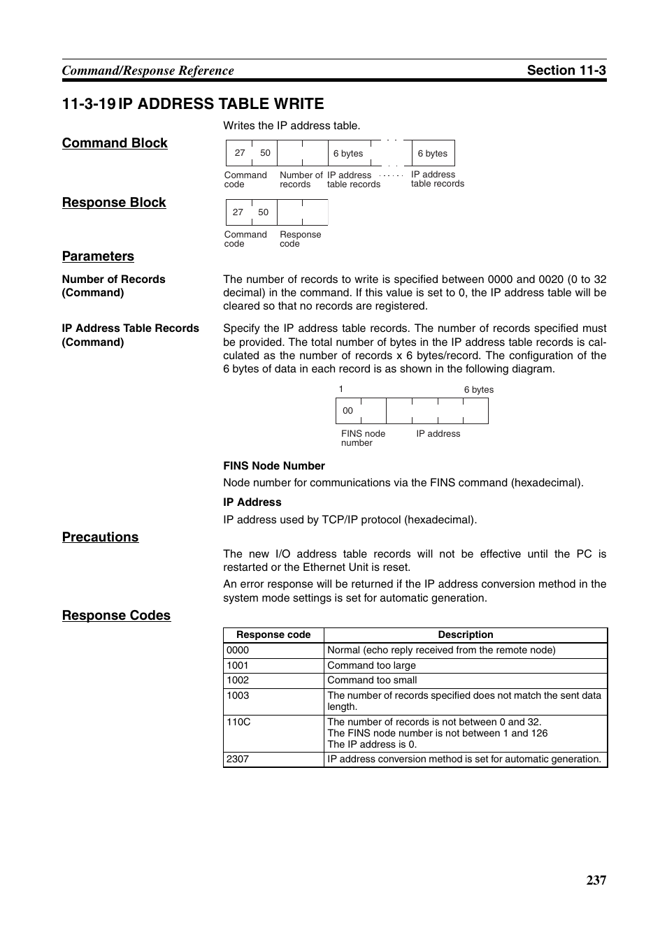3-19 ip address table write, Command block response block parameters, Precautions | Response codes | Omron W343-E1-07 User Manual | Page 258 / 317