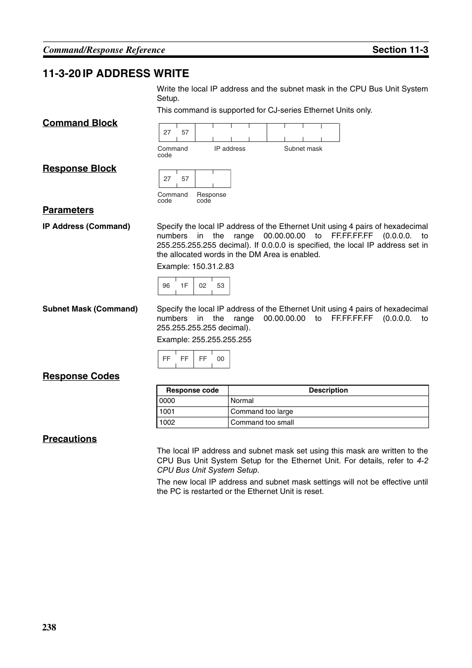 3-20 ip address write, Command block response block parameters, Response codes precautions | Omron W343-E1-07 User Manual | Page 259 / 317