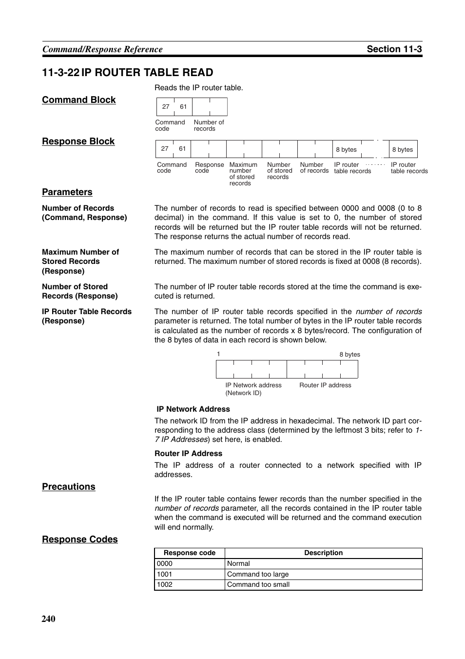 3-22 ip router table read, Command block response block parameters, Precautions | Response codes | Omron W343-E1-07 User Manual | Page 261 / 317