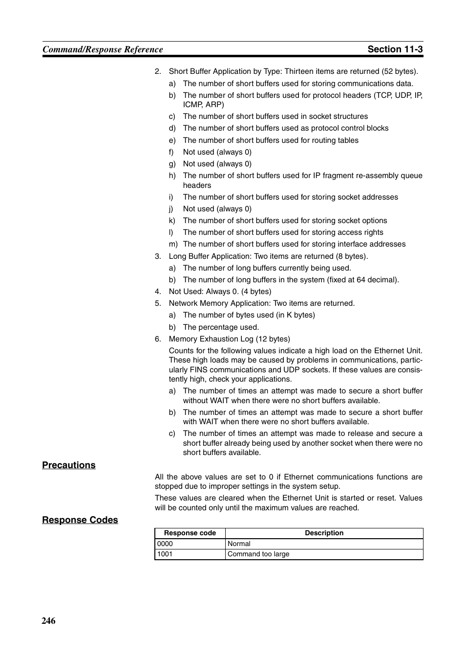 Precautions, Response codes | Omron W343-E1-07 User Manual | Page 267 / 317