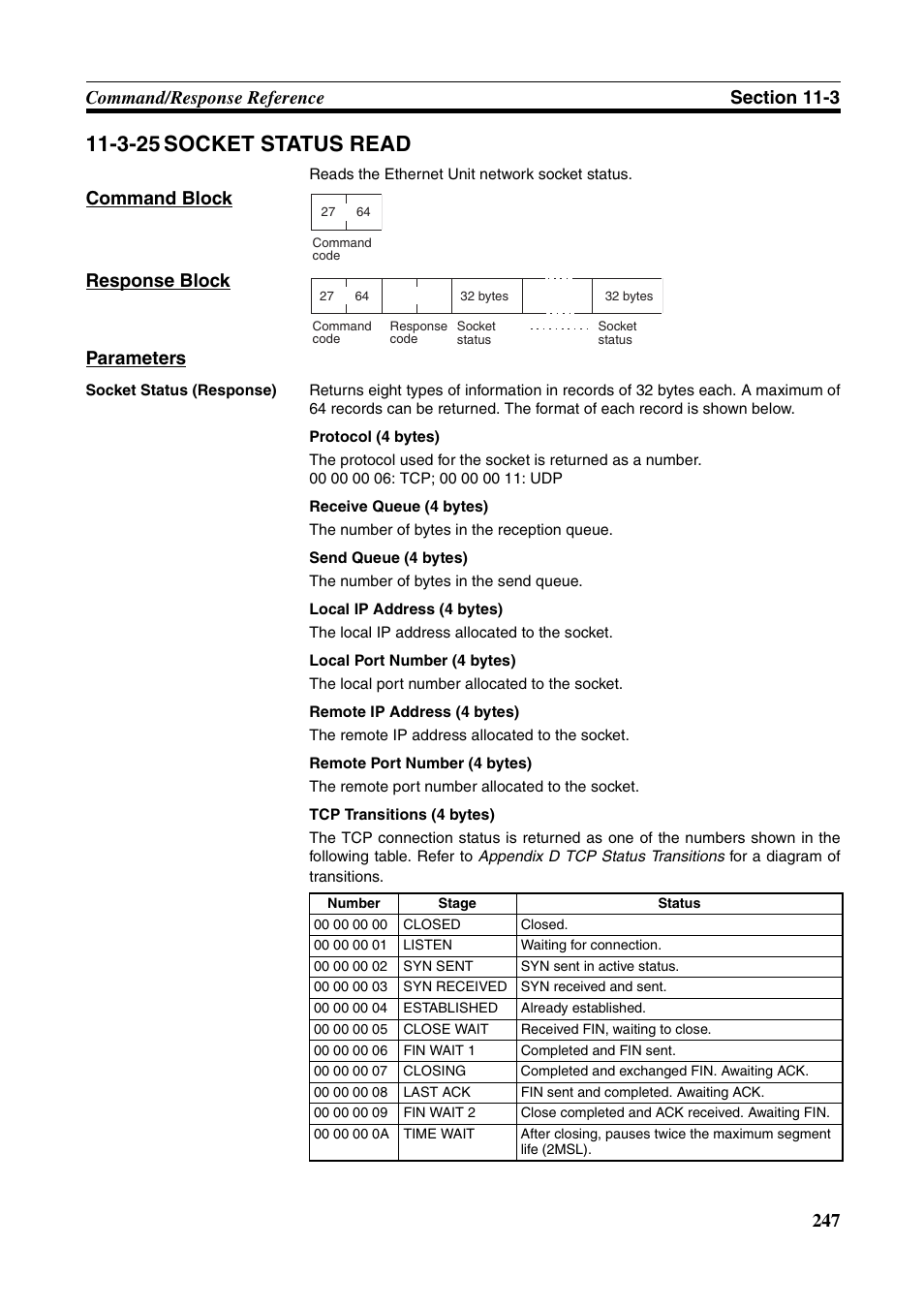 3-25 socket status read, Command block response block parameters | Omron W343-E1-07 User Manual | Page 268 / 317