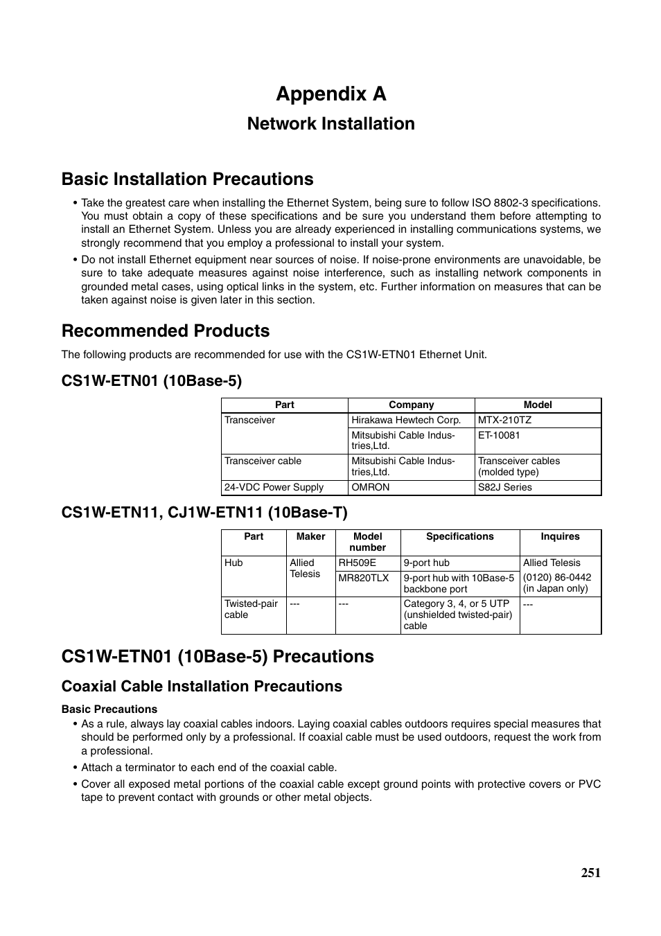 Appendix a network installation, Network installation, Appendix a | Recommended products, Coaxial cable installation precautions | Omron W343-E1-07 User Manual | Page 272 / 317