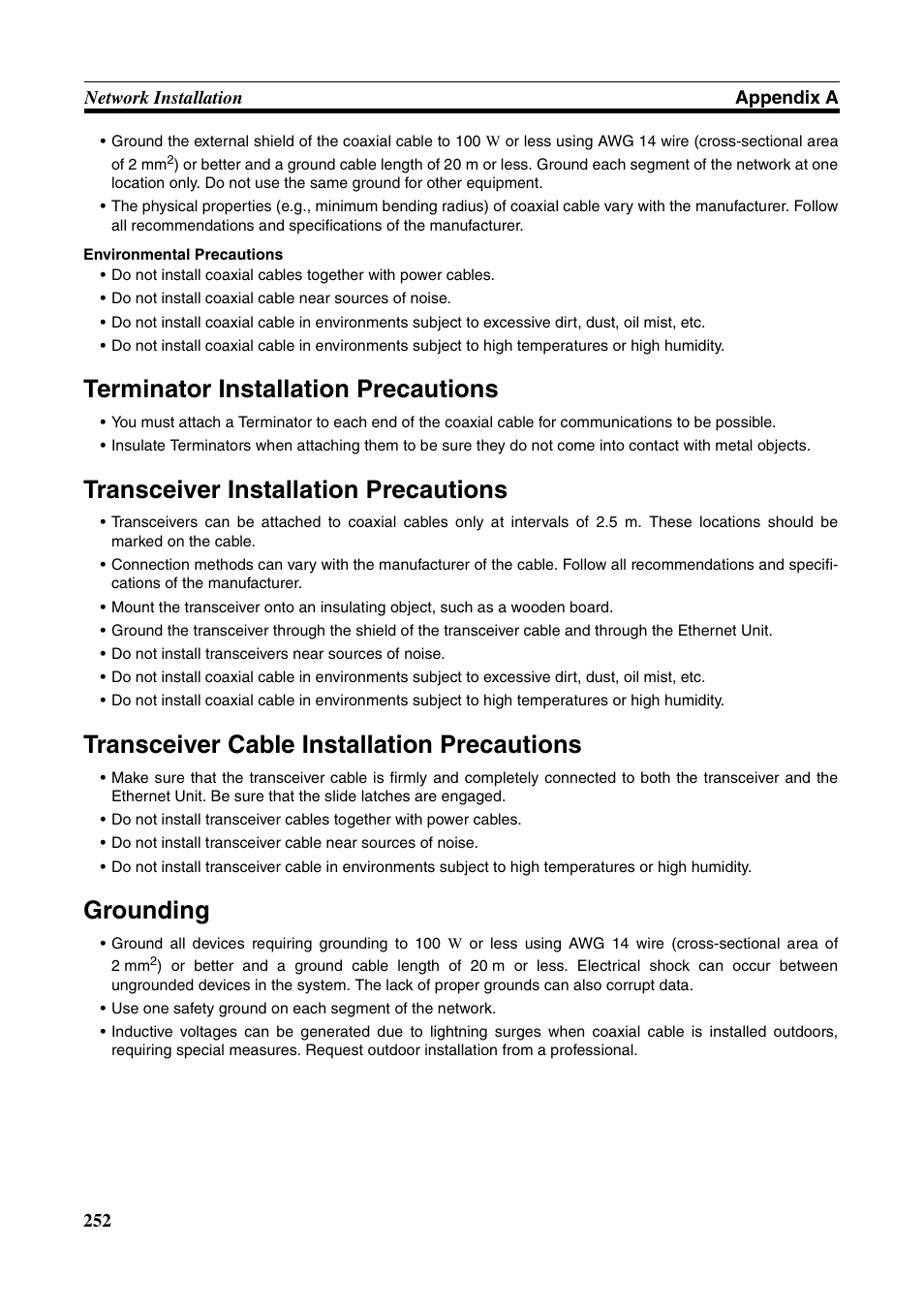 Terminator installation precautions, Transceiver installation precautions, Transceiver cable installation precautions | Grounding | Omron W343-E1-07 User Manual | Page 273 / 317