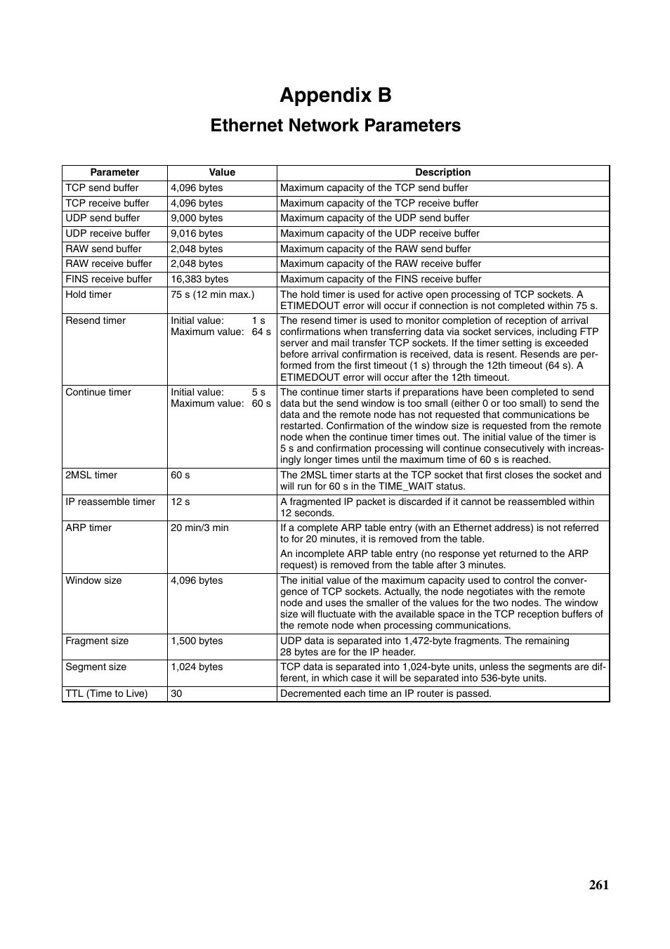 Appendix b ethernet network parameters, Ethernet network parameters, Appendix b | Omron W343-E1-07 User Manual | Page 282 / 317