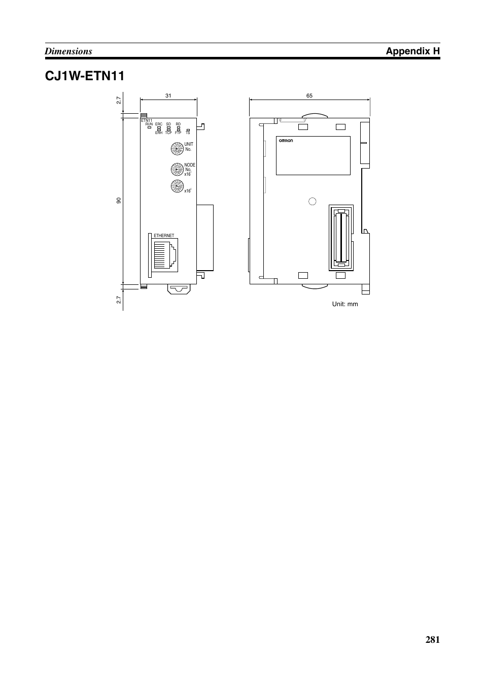Cj1w-etn11, 281 dimensions appendix h | Omron W343-E1-07 User Manual | Page 302 / 317