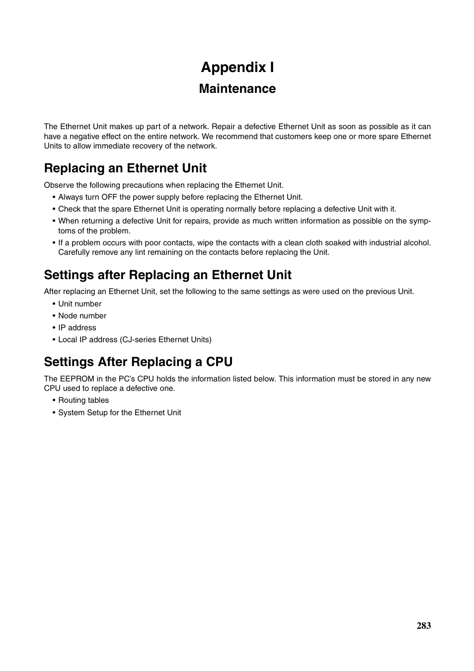 Appendix i maintenance, Maintenance, Appendix i | Replacing an ethernet unit, Settings after replacing an ethernet unit, Settings after replacing a cpu | Omron W343-E1-07 User Manual | Page 304 / 317
