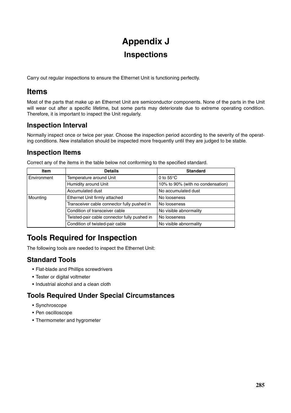 Appendix j inspections, Inspections, Appendix j | Items, Tools required for inspection, Inspection interval, Inspection items, Standard tools, Tools required under special circumstances | Omron W343-E1-07 User Manual | Page 306 / 317
