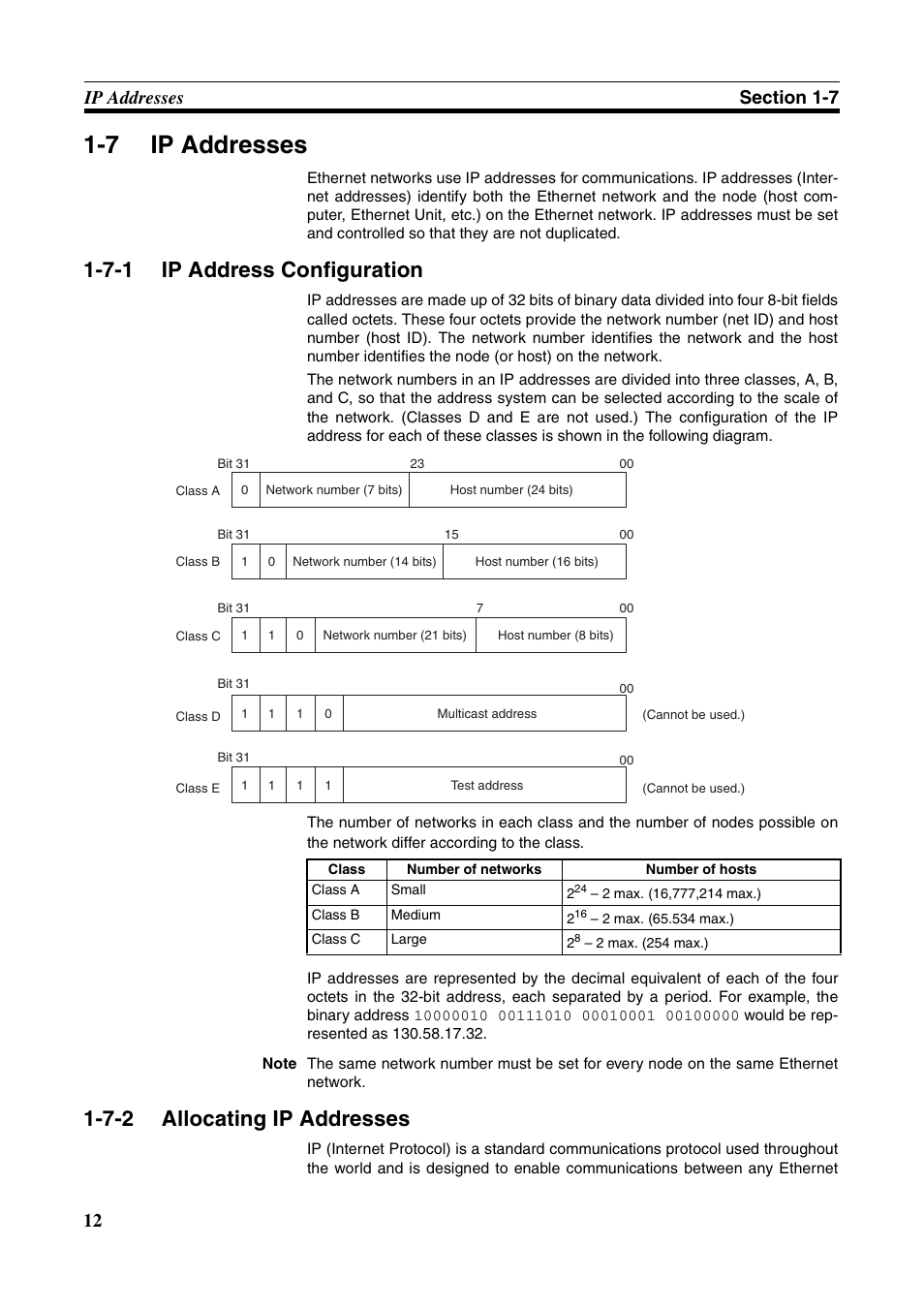 7 ip addresses, 7-1 ip address configuration, 7-2 allocating ip addresses | Ip addresses, Ip address configuration, Allocating ip addresses | Omron W343-E1-07 User Manual | Page 33 / 317
