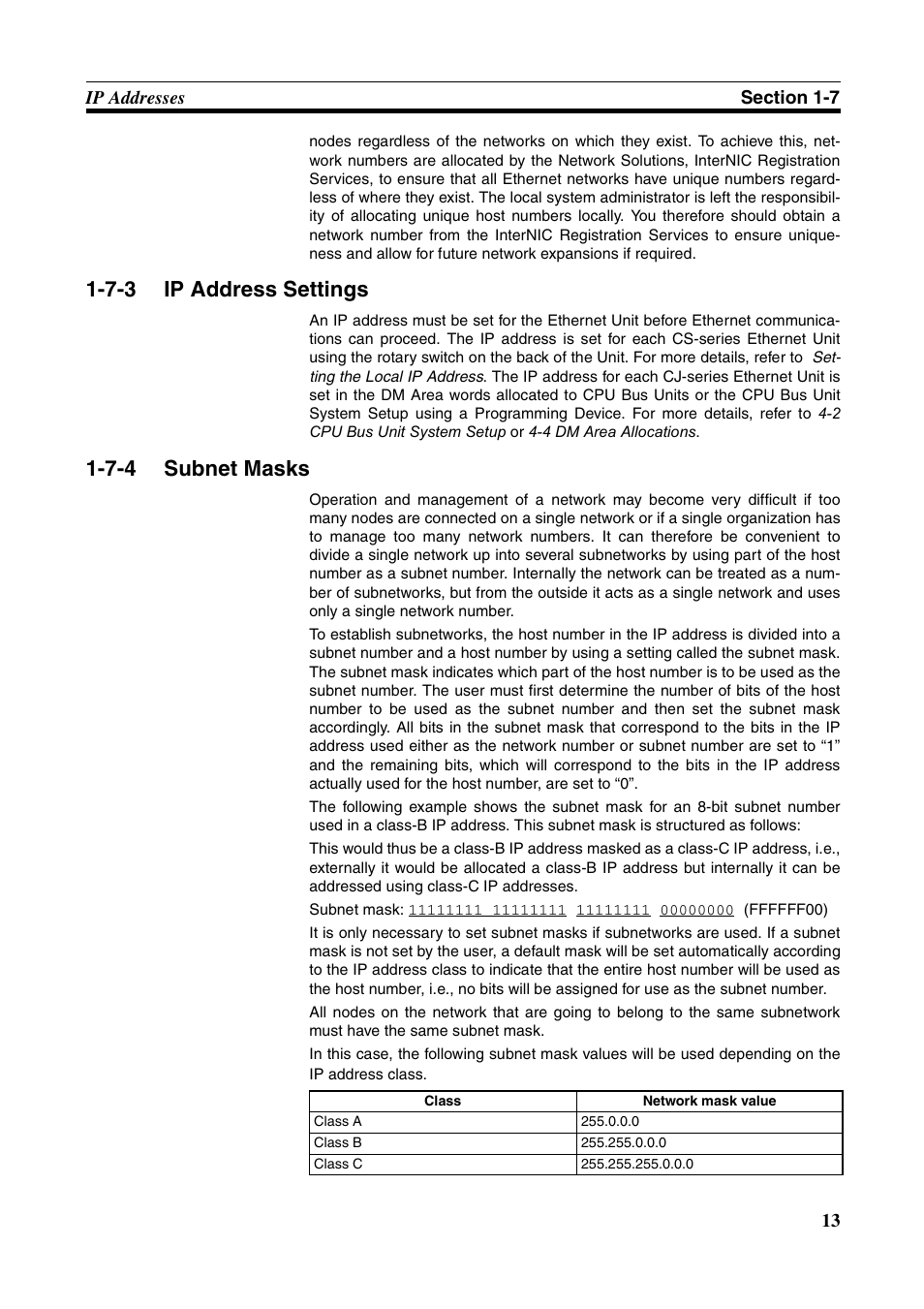 7-3 ip address settings, 7-4 subnet masks, Ip address settings | Subnet masks | Omron W343-E1-07 User Manual | Page 34 / 317