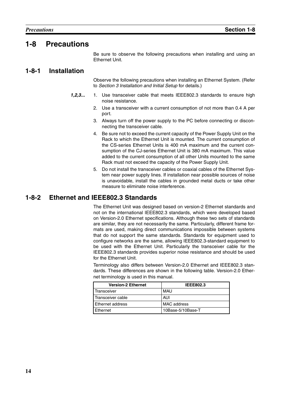 8 precautions, 8-1 installation, 8-2 ethernet and ieee802.3 standards | Precautions, Installation, Ethernet and ieee802.3 standards | Omron W343-E1-07 User Manual | Page 35 / 317