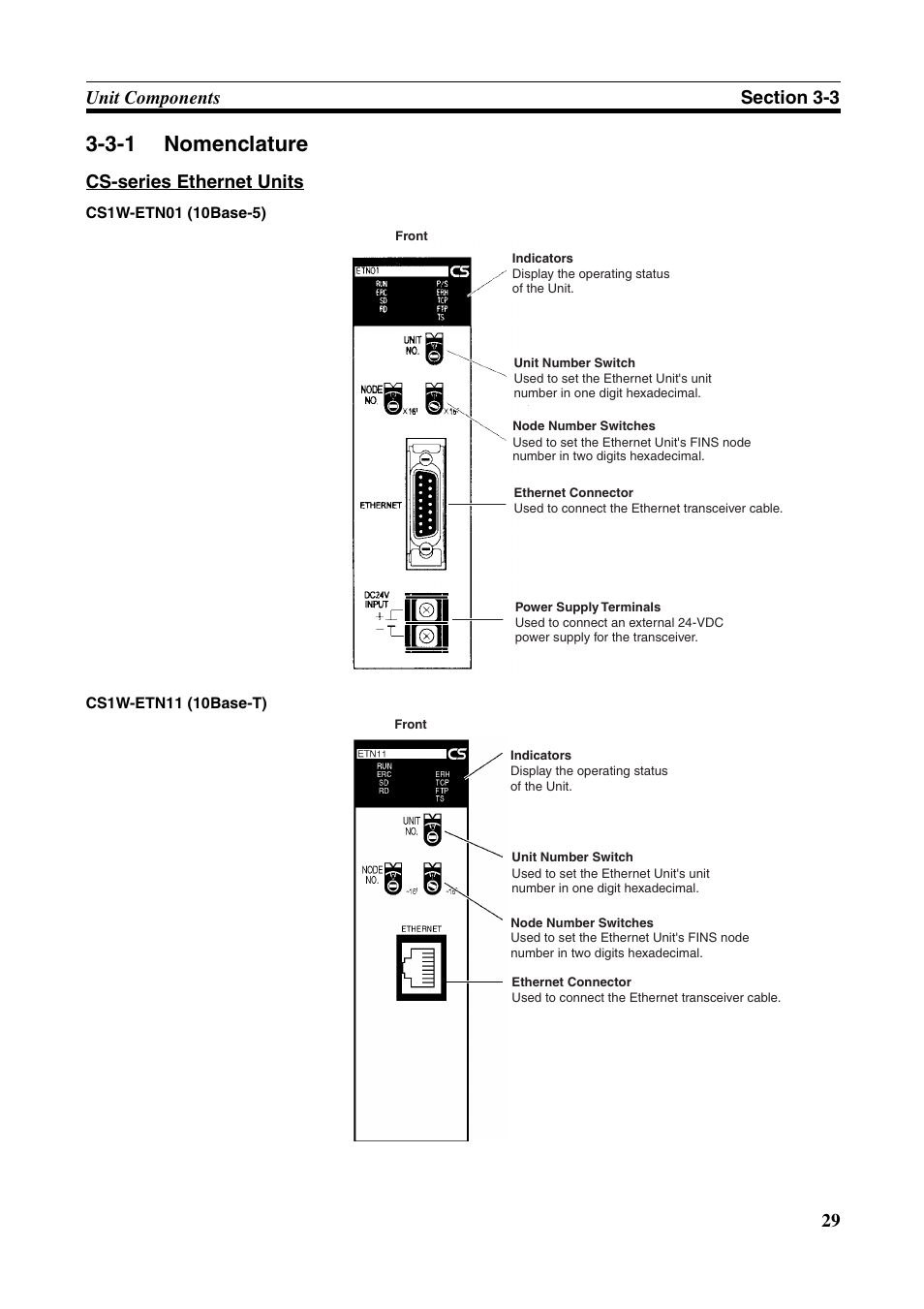3-1 nomenclature, Nomenclature, Cs-series ethernet units | Omron W343-E1-07 User Manual | Page 50 / 317