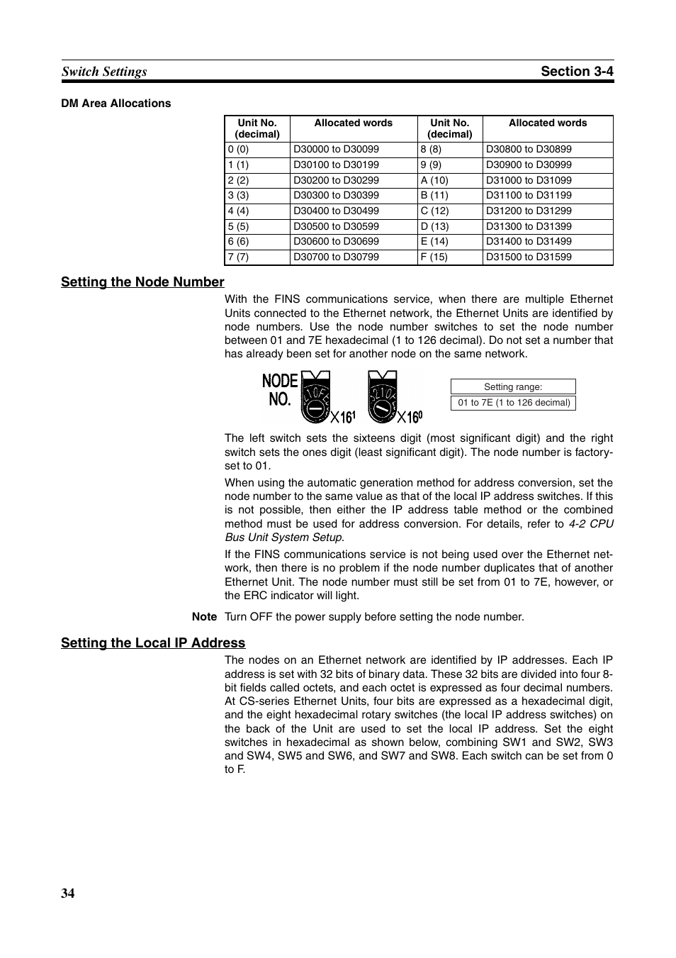 Set- ting the local ip address . t, Setting the node number, Setting the local ip address | Omron W343-E1-07 User Manual | Page 55 / 317