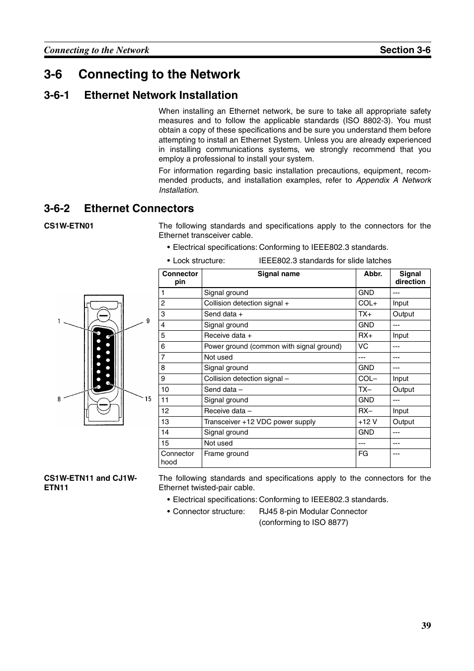 6 connecting to the network, 6-1 ethernet network installation, 6-2 ethernet connectors | Connecting to the network, Ethernet network installation, Ethernet connectors | Omron W343-E1-07 User Manual | Page 60 / 317