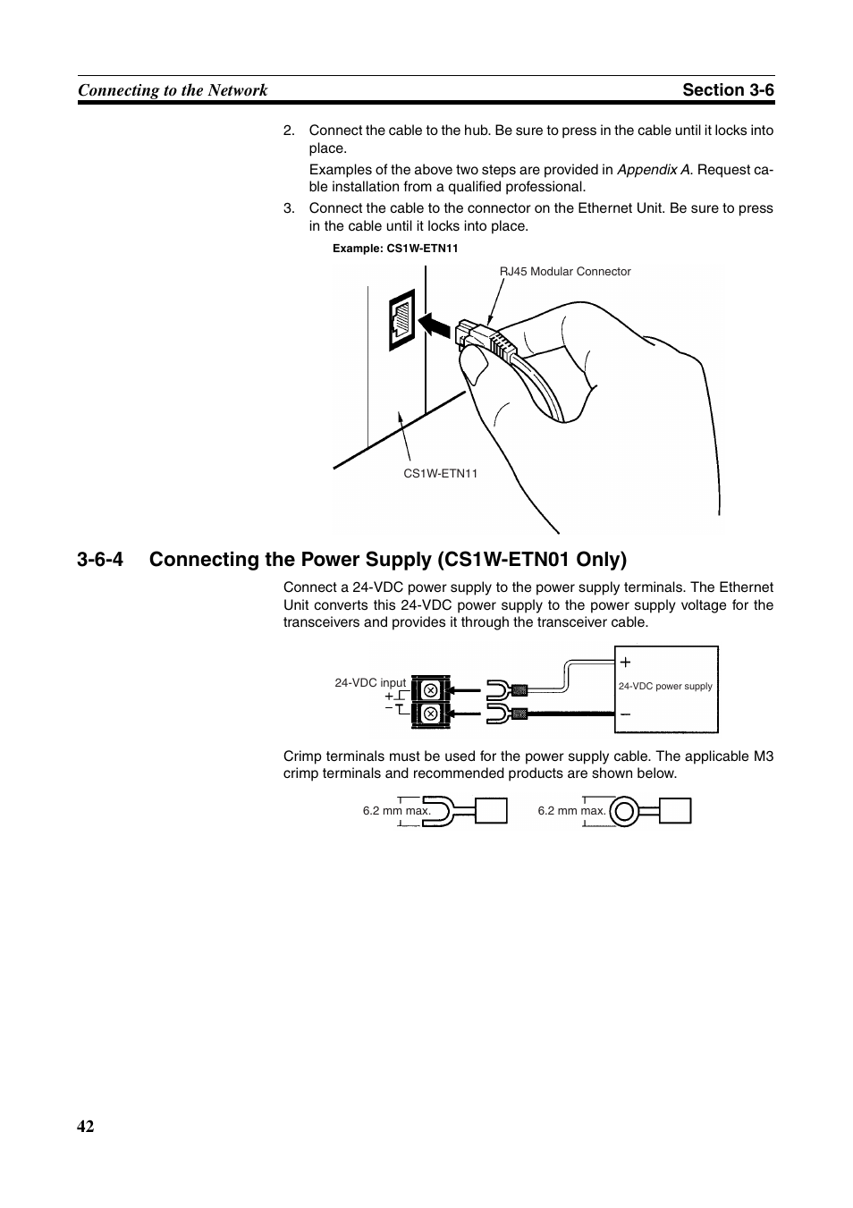 6-4 connecting the power supply (cs1w-etn01 only), Connecting the power supply (cs1w-etn01 only) | Omron W343-E1-07 User Manual | Page 63 / 317