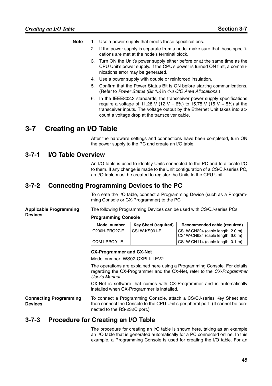 7 creating an i/o table, 7-1 i/o table overview, 7-2 connecting programming devices to the pc | 7-3 procedure for creating an i/o table, Creating an i/o table, I/o table overview, Connecting programming devices to the pc, Procedure for creating an i/o table | Omron W343-E1-07 User Manual | Page 66 / 317