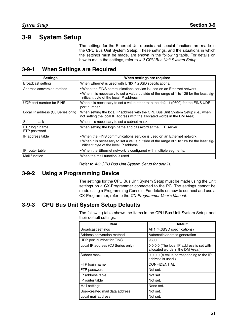9 system setup, 9-1 when settings are required, 9-2 using a programming device | 9-3 cpu bus unit system setup defaults, System setup, When settings are required, Using a programming device, Cpu bus unit system setup defaults, R to 3-9 system setup | Omron W343-E1-07 User Manual | Page 72 / 317