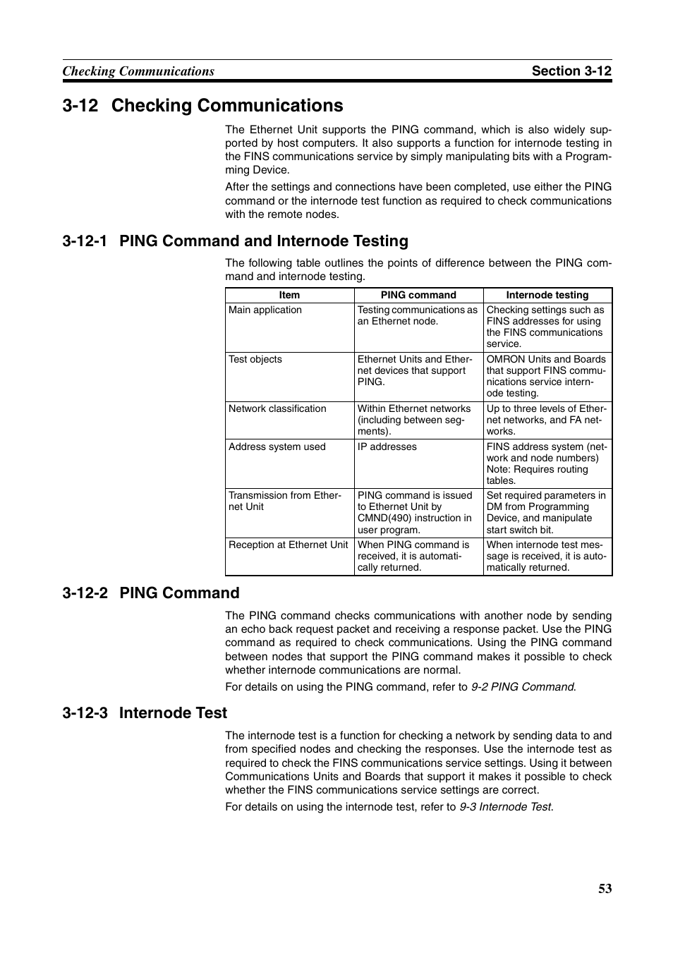 12 checking communications, 12-1 ping command and internode testing, 12-2 ping command | 12-3 internode test, Ping command and internode testing, Ping command, Internode test | Omron W343-E1-07 User Manual | Page 74 / 317