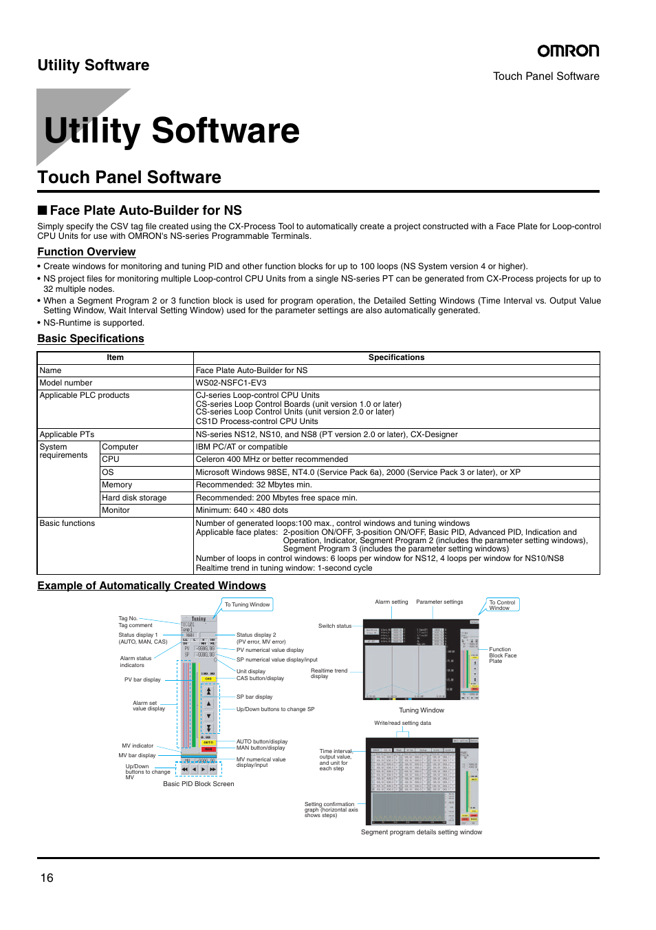 Utility software, Face plate auto-builder for ns, Touch panel software | Function overview | Omron Smart Process Control CJ-Series User Manual | Page 14 / 36