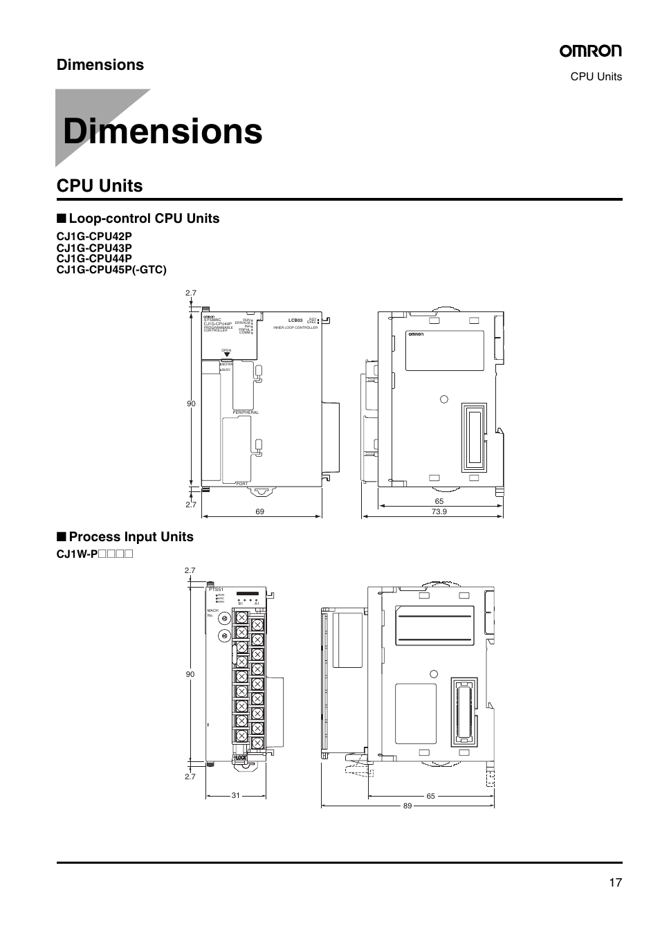 Dimensions, Loop-control cpu units, Process input units | Cpu units, Cj1w-p | Omron Smart Process Control CJ-Series User Manual | Page 15 / 36