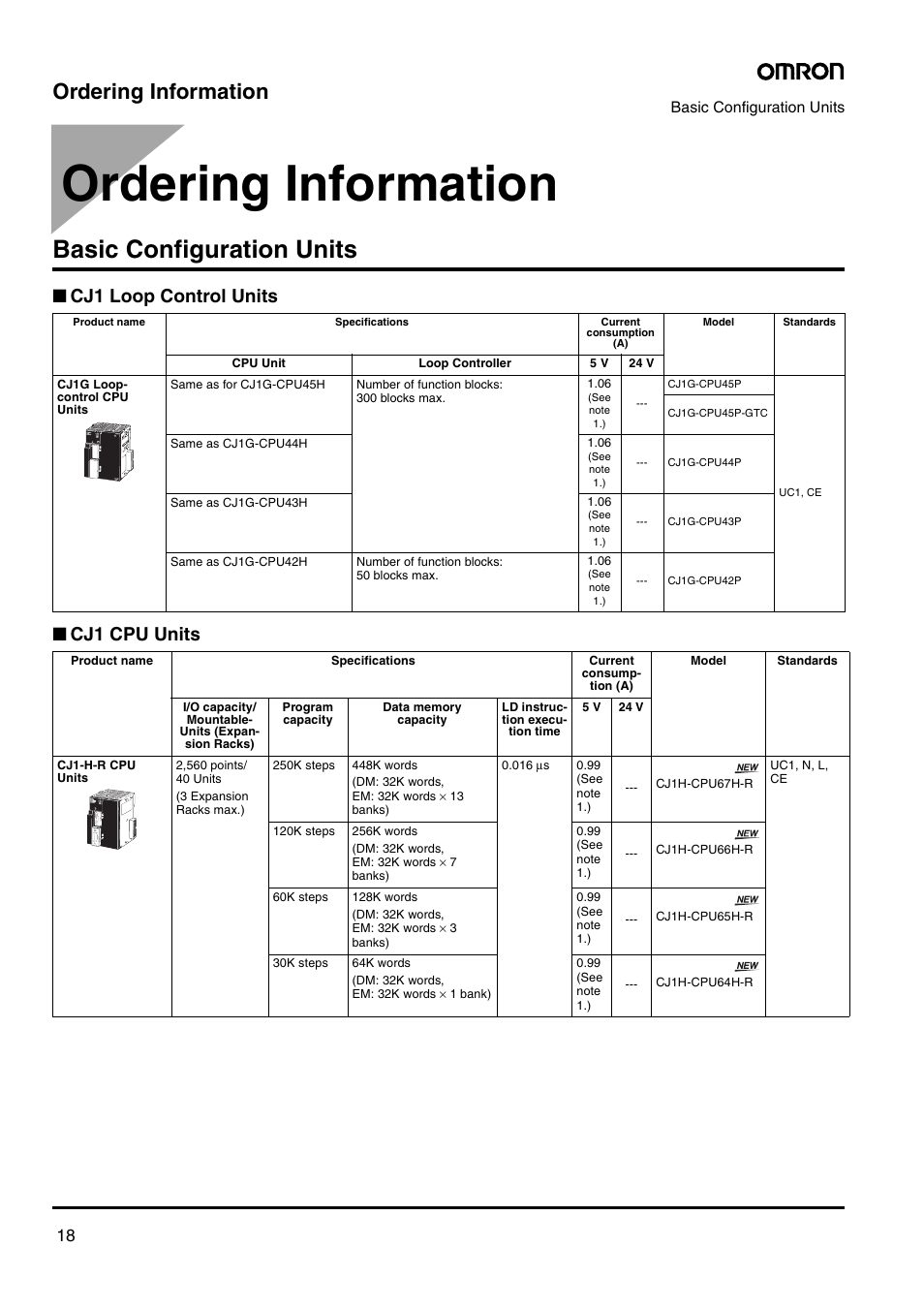 Ordering information, Basic configuration units, Cj1 loop control units ■ cj1 cpu units | Omron Smart Process Control CJ-Series User Manual | Page 16 / 36