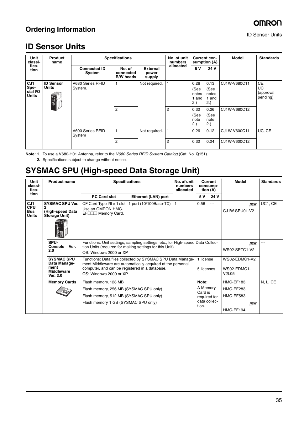 Id sensor units, Sysmac spu (high-speed data storage unit), Ordering information | Omron Smart Process Control CJ-Series User Manual | Page 33 / 36