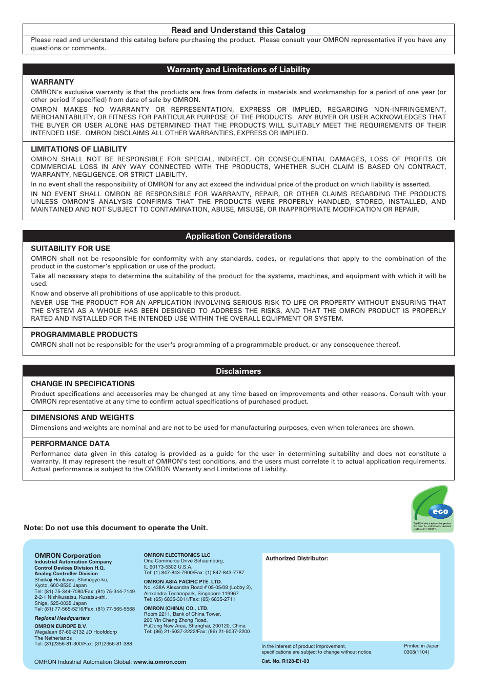 Read and understand this catalog, Warranty and limitations of liability, Application considerations | Disclaimers | Omron Smart Process Control CJ-Series User Manual | Page 36 / 36