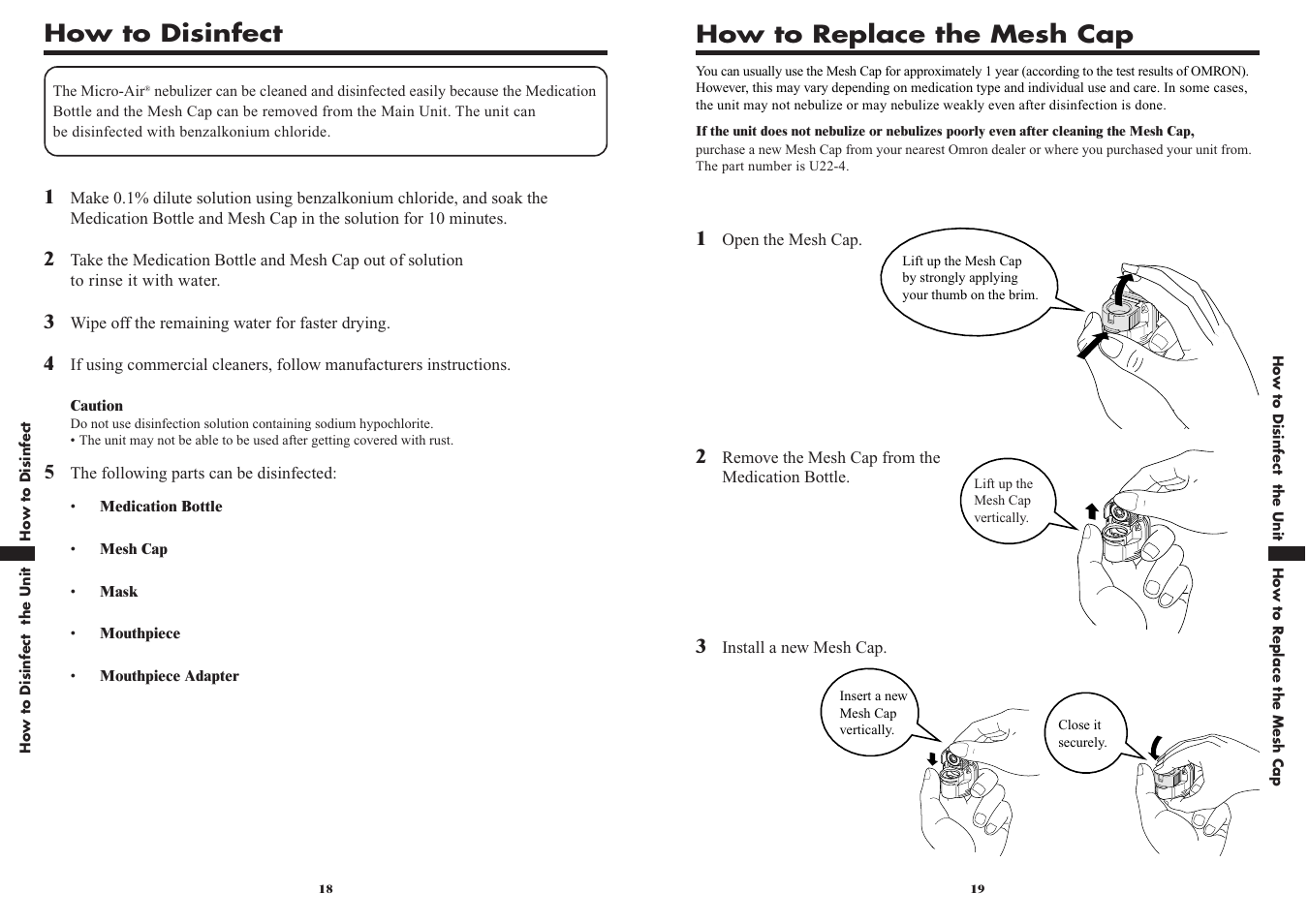 How to replace the mesh cap, How to disinfect | Omron VIBRATING MESH NEBULIZER NE-U22V User Manual | Page 10 / 37