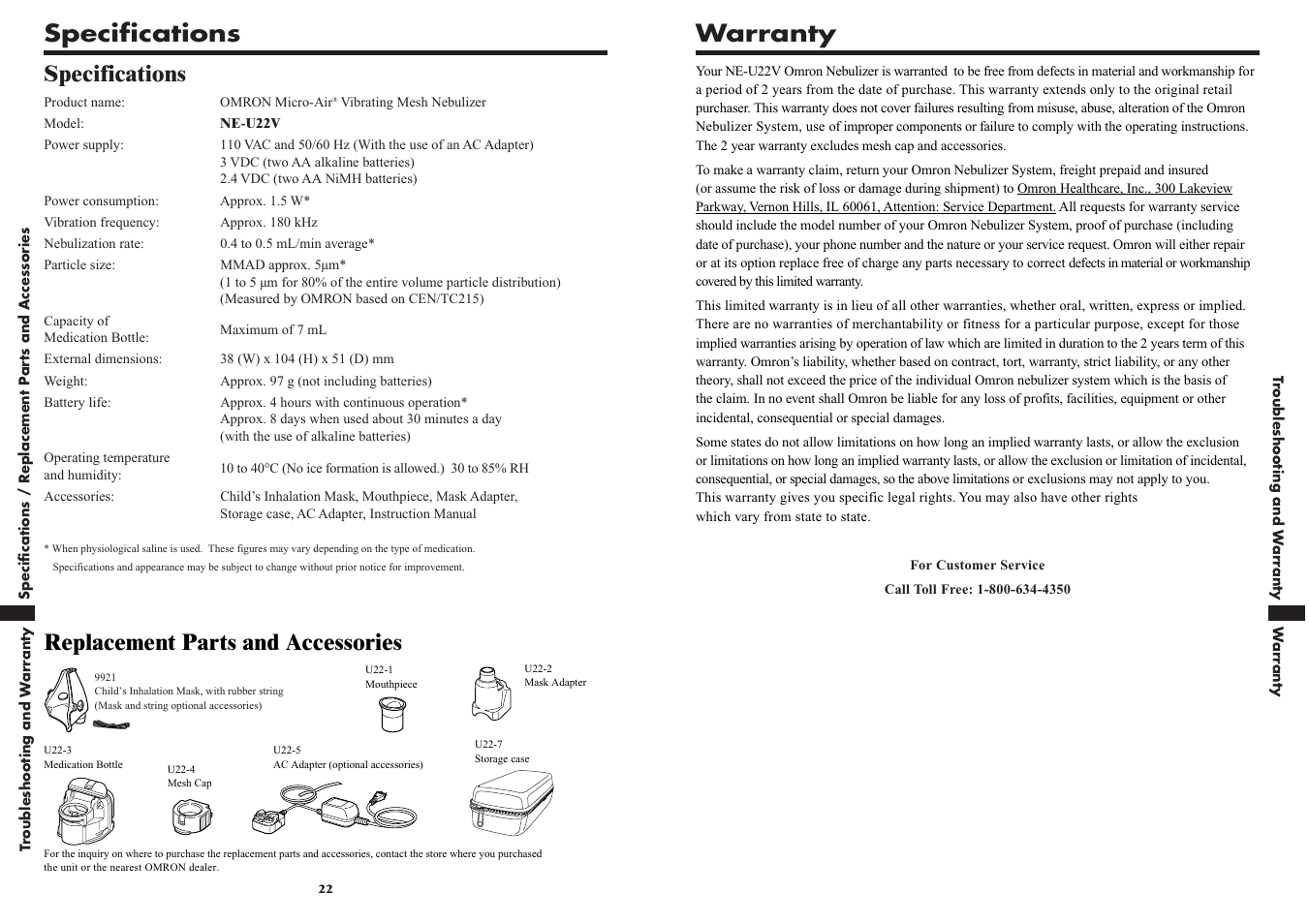 Warranty, Specifications, Specifications replacement parts and accessories | Omron VIBRATING MESH NEBULIZER NE-U22V User Manual | Page 12 / 37
