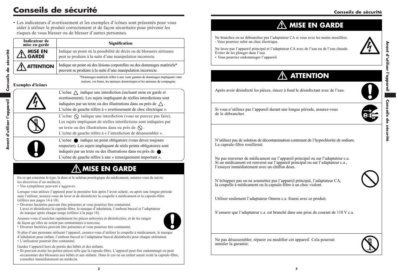 Conseils de sécurité, Mise en garde attention mise en garde | Omron VIBRATING MESH NEBULIZER NE-U22V User Manual | Page 14 / 37
