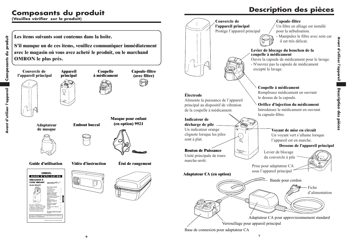 Description des pièces, Composants du produit | Omron VIBRATING MESH NEBULIZER NE-U22V User Manual | Page 16 / 37