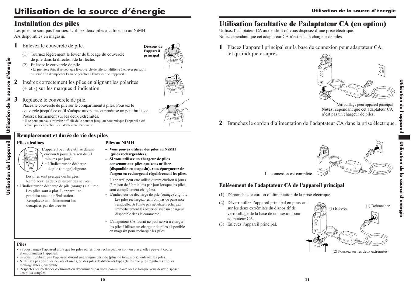 Utilisation de la source d’énergie, Installation des piles | Omron VIBRATING MESH NEBULIZER NE-U22V User Manual | Page 18 / 37
