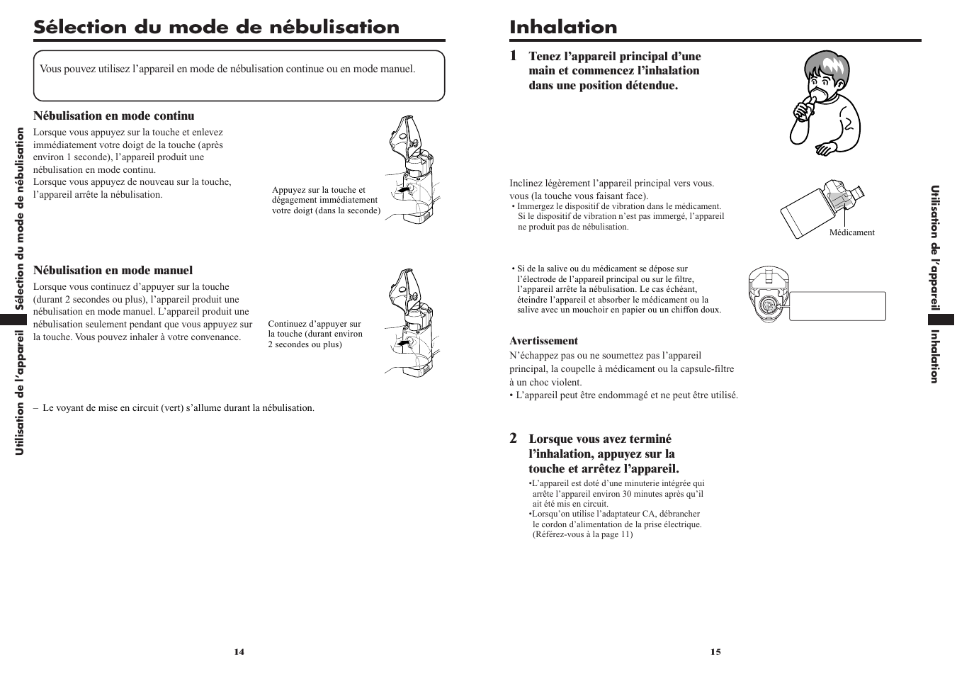 Inhalation, Sélection du mode de nébulisation | Omron VIBRATING MESH NEBULIZER NE-U22V User Manual | Page 20 / 37
