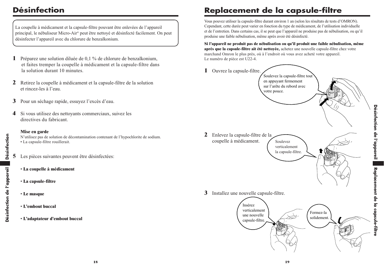 Replacement de la capsule-filtre, Désinfection | Omron VIBRATING MESH NEBULIZER NE-U22V User Manual | Page 22 / 37