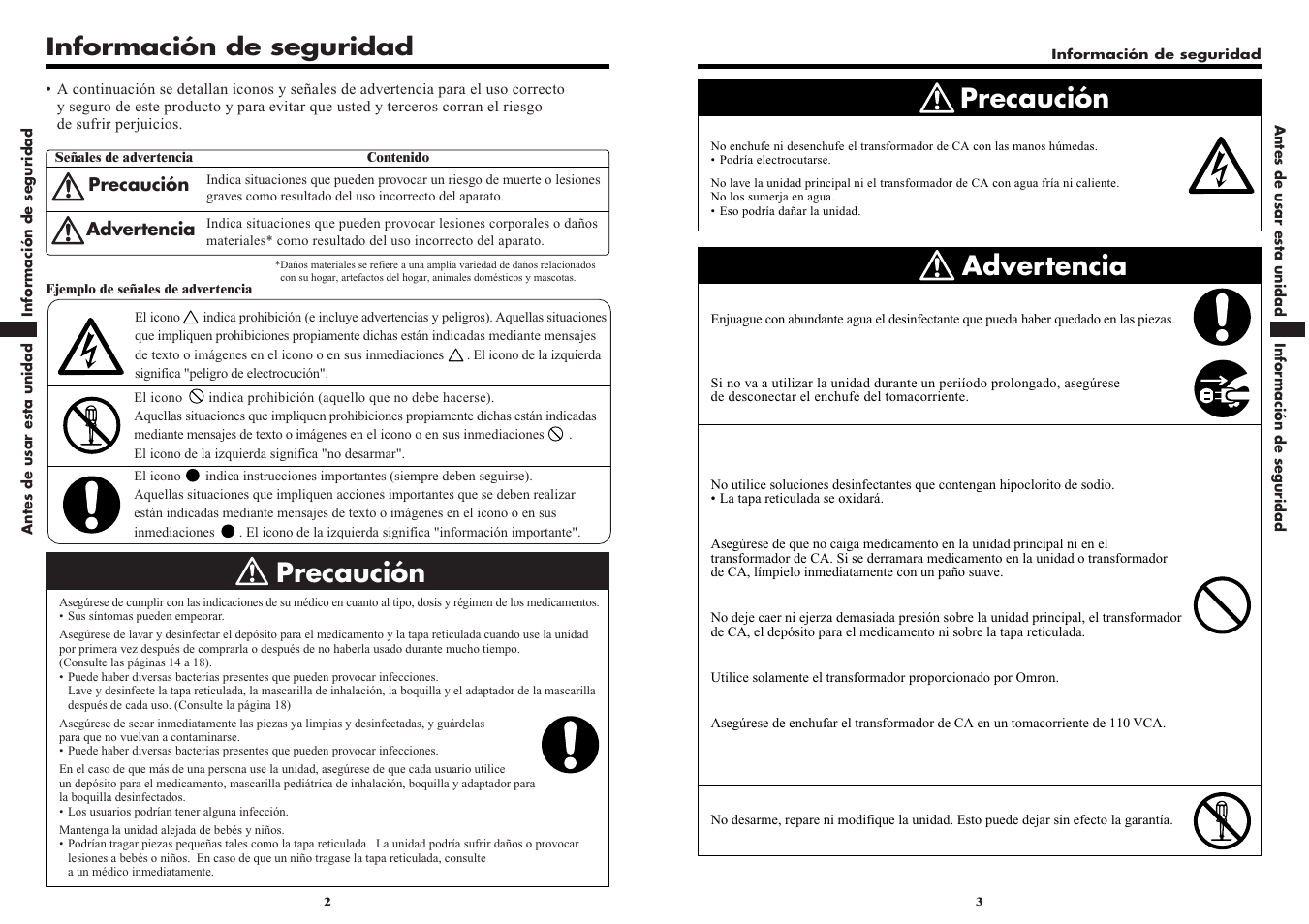 Precaución advertencia precaución, Información de seguridad | Omron VIBRATING MESH NEBULIZER NE-U22V User Manual | Page 26 / 37