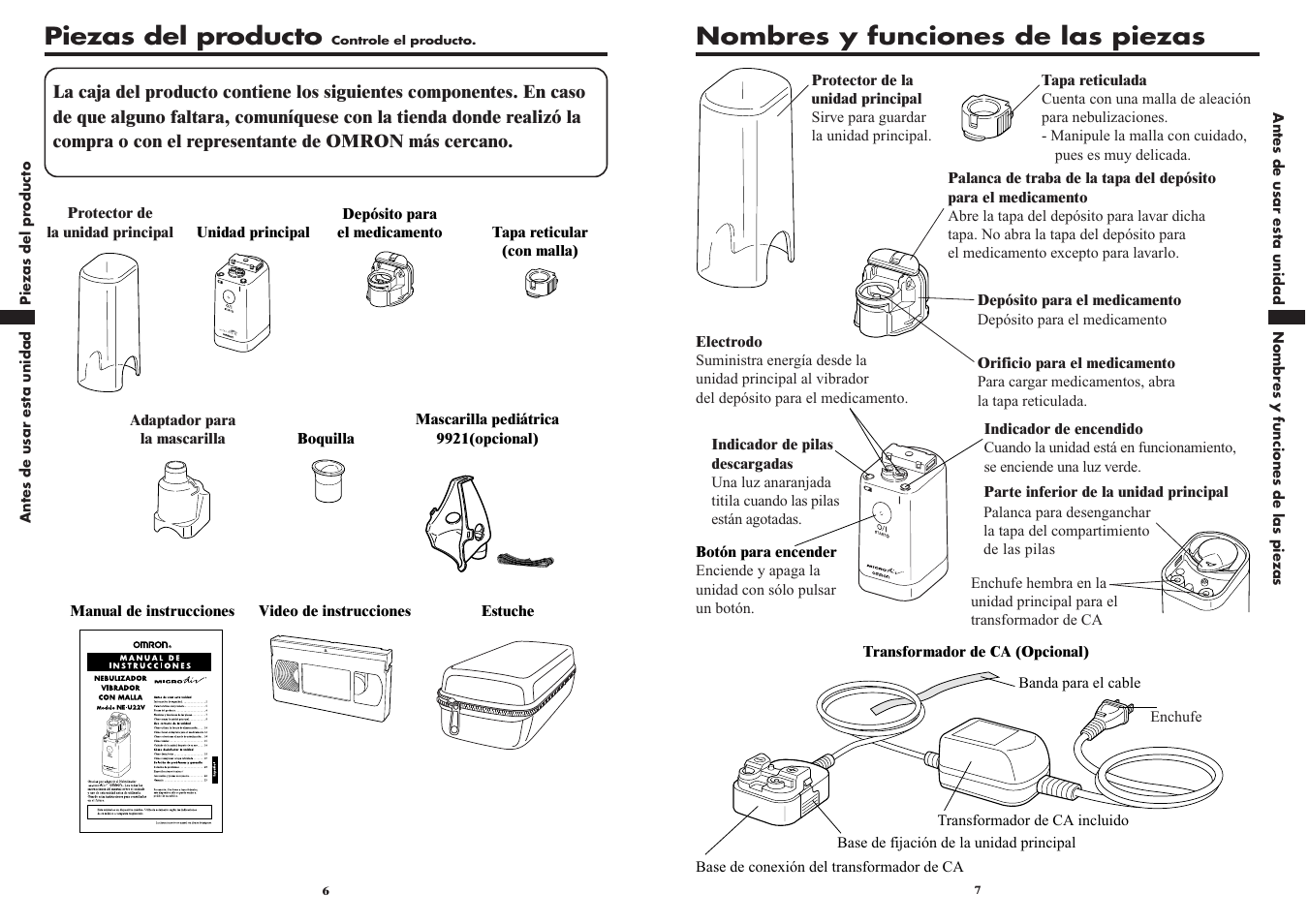 Nombres y funciones de las piezas, Piezas del producto | Omron VIBRATING MESH NEBULIZER NE-U22V User Manual | Page 28 / 37